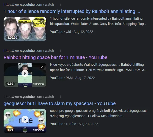 Google search for "rainbolt spacebar"