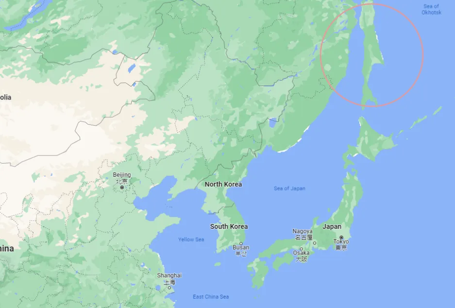 Screenshot of Google Maps with red circle around Sakhalin Island