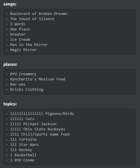 Screenshot of brainstorming list