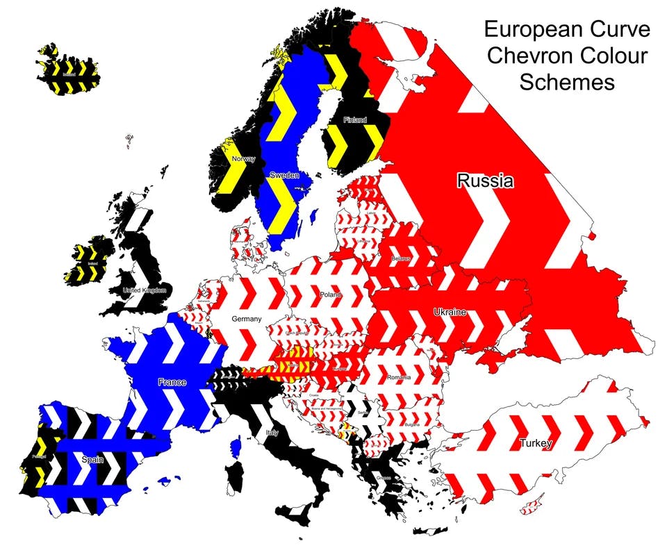 Diagram of Europe, with each country filled in with the color of turn chevrons they use